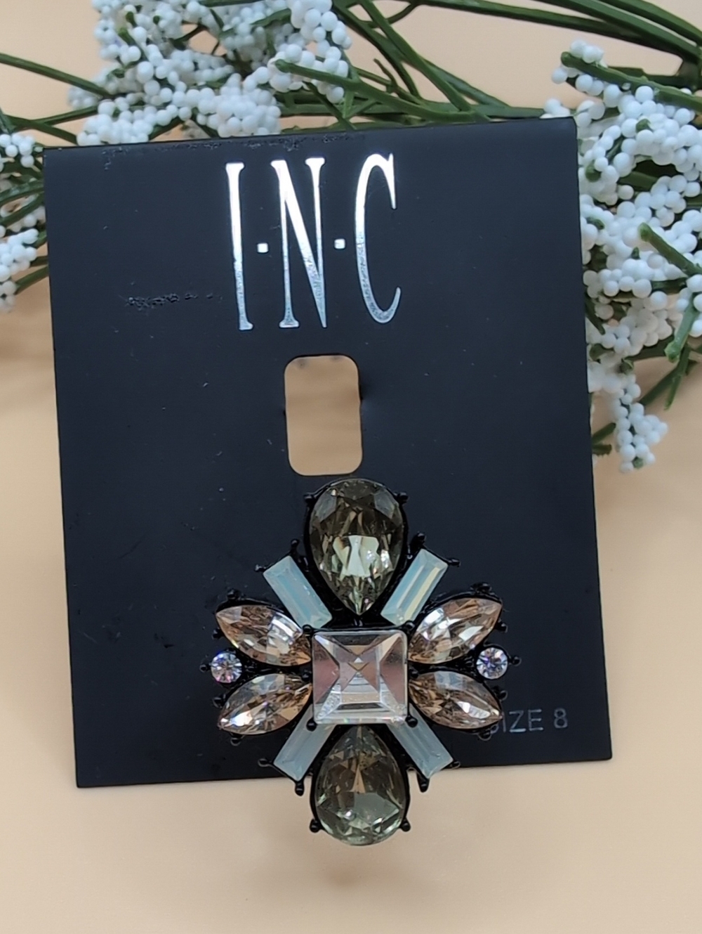 INC International Concepts Black Neutral  Multi-Stone Cocktail Ring Sz 8
